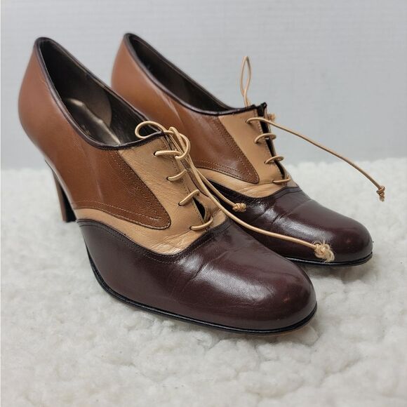 Vtg 90's Stuart Weitzman Women Lace Oxford Heels Plumps Size 8 Brown Tan Leather - Picture 1 of 8